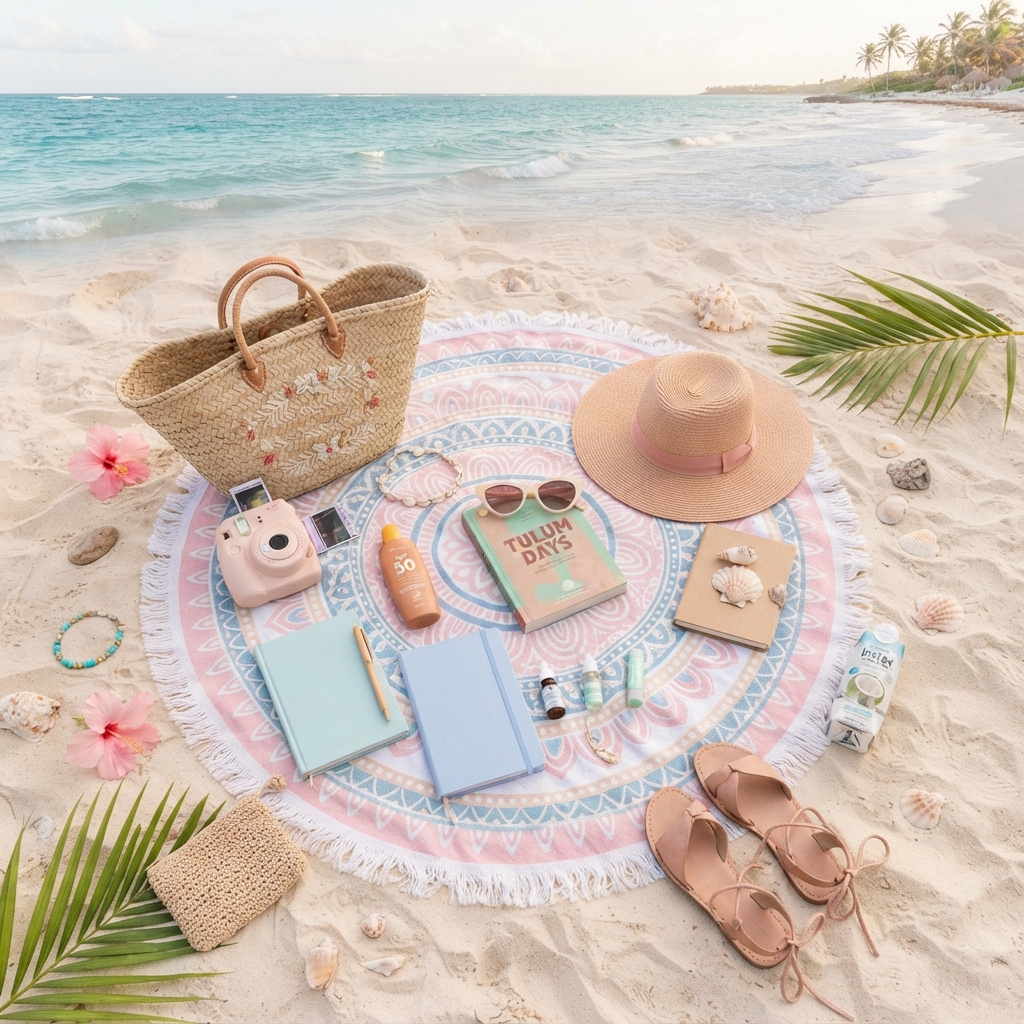 Imagen generada con Nano Banana 2: playa de Tulum, flat-lay de viaje con cámara cenital, colores pastel