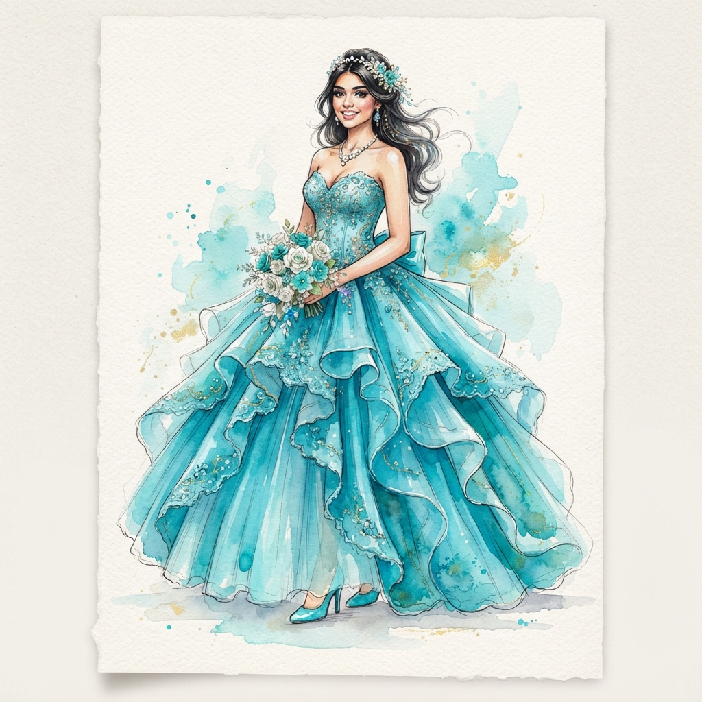 Imagen generada con Nano Banana 2: vestido de quinceañera azul turquesa, boceto de moda en acuarela