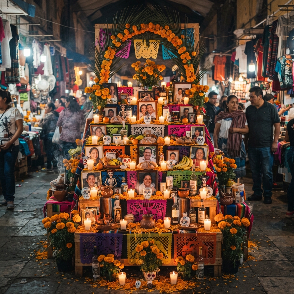 Imagen generada con Nano Banana 2: un altar de día de muertos en un mercado de la CDMX, luz de velas, fotorrealista