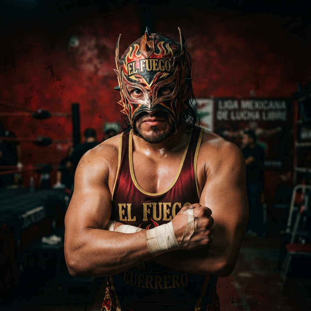 Imagen generada con Nano Banana 2: luchador enmascarado, retrato editorial, fondo rojo, luz dramática
