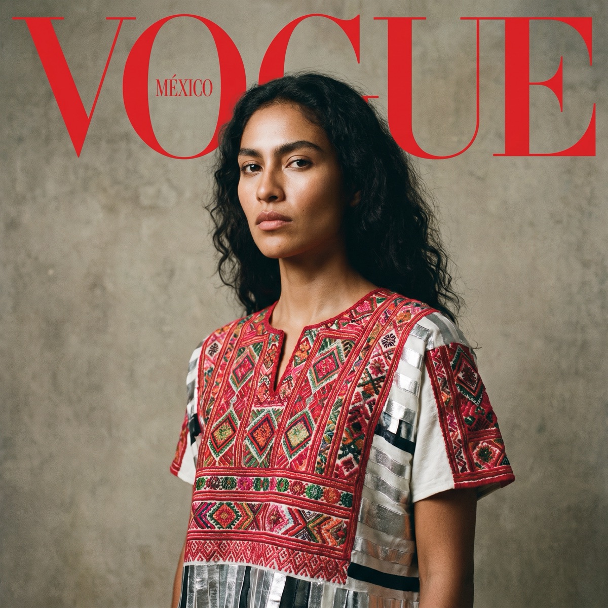Imagen generada con Nano Banana Pro: retrato editorial de moda con huipil bordado contemporáneo, portada de revista