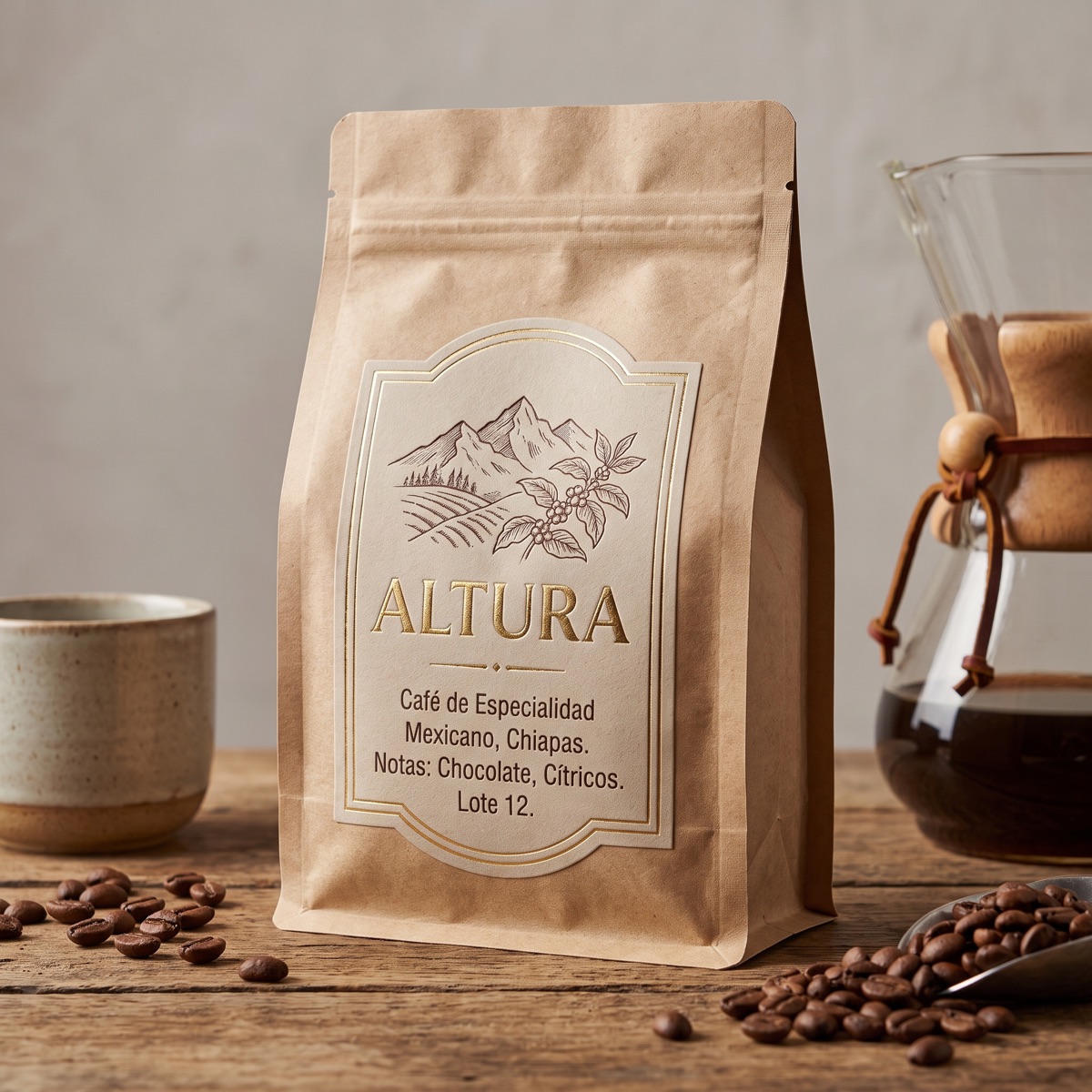 Imagen generada con Nano Banana Pro: empaque de café de especialidad "ALTURA", etiqueta con foil dorado, foto de producto de estudio