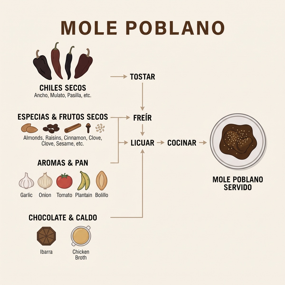 Imagen generada con Nano Banana Pro: infografía de una receta de mole poblano con ingredientes etiquetados, estilo editorial
