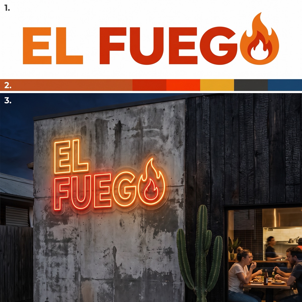 Imagen generada con Nano Banana Pro: identidad de marca para taquería "EL FUEGO": logo, colores y letrero neón