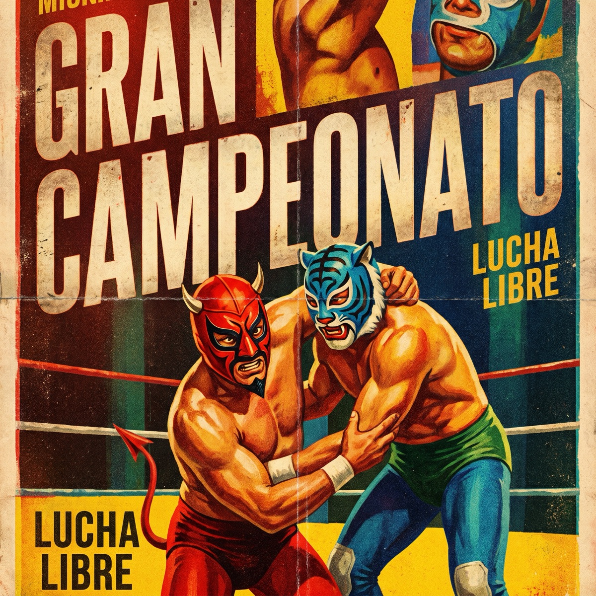 Imagen generada con Nano Banana Pro: póster de lucha libre vintage, tipografía dramática "GRAN CAMPEONATO", colores saturados
